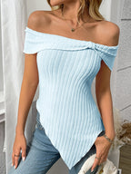 Ribbed Off-Shoulder Asymmetrical Hem T-Shirt