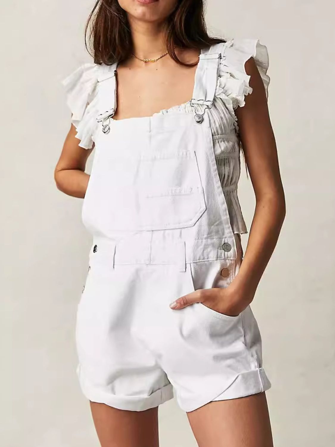Wide Strap Square Neck Denim Overalls Hauptbild