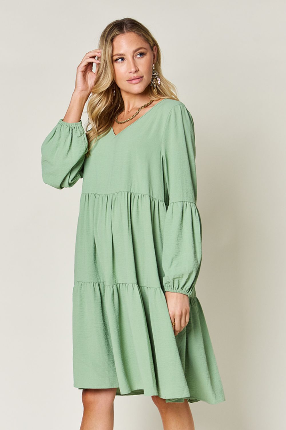 Double Take Full Size V-Neck Balloon Sleeve Tiered Dress with Pockets - felvior