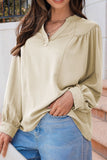 Lantern Sleeve Notched V Neck Ruched Blouse - felvior