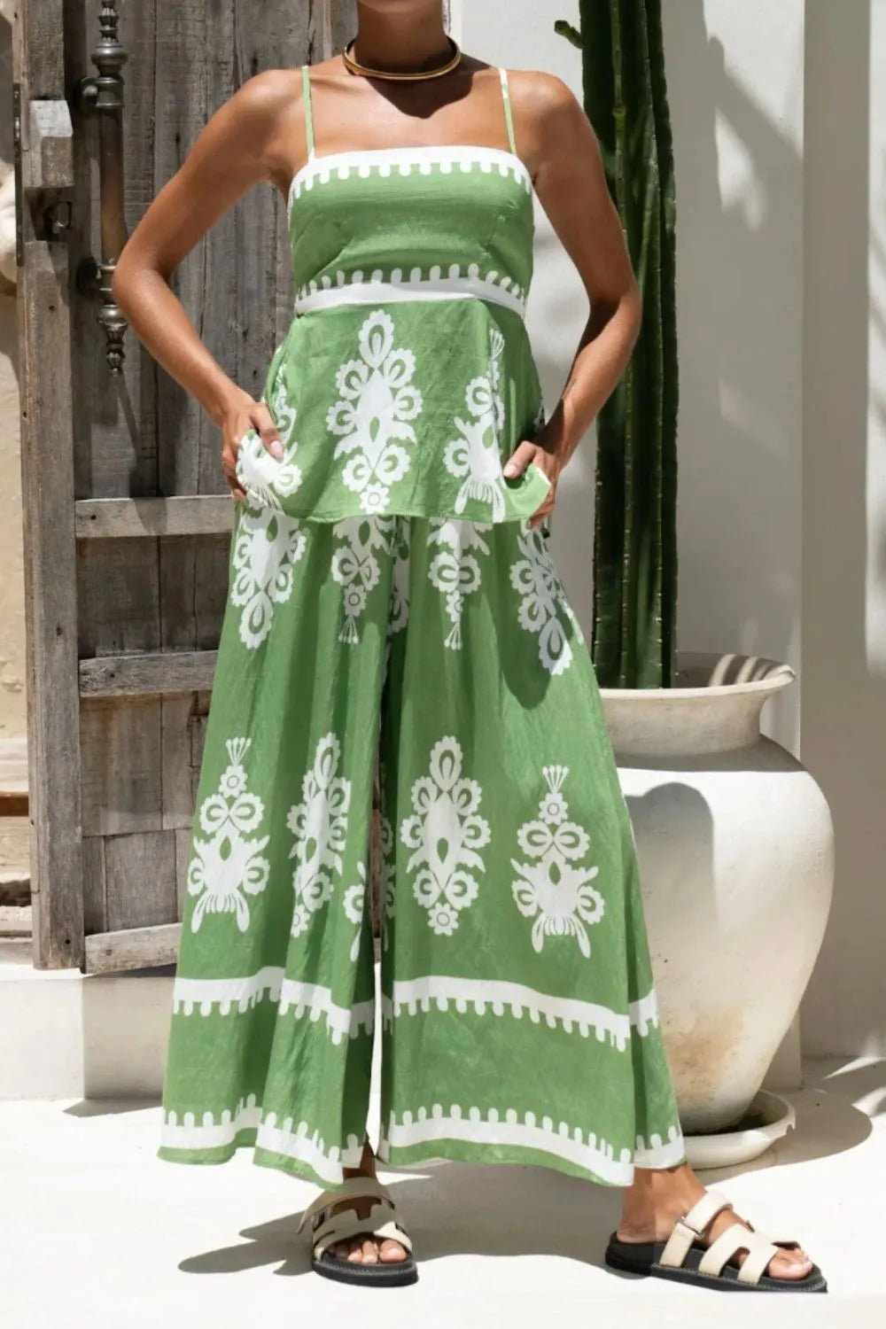 Printed Square Neck Cami and Wide Leg Pants Set - felvior