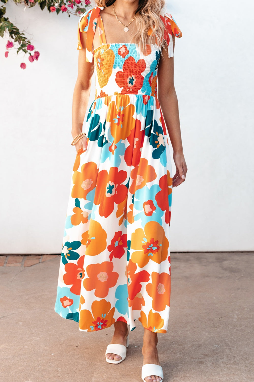 Smocked Printed Square Neck Dress - felvior