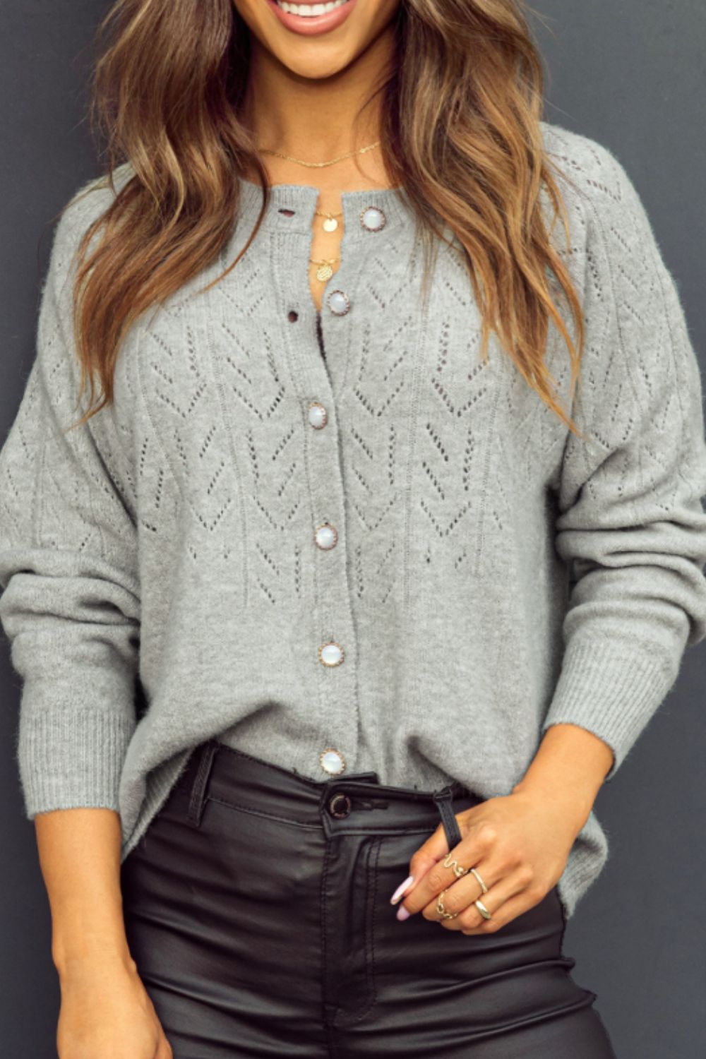 Openwork Button Down Long Sleeve Cardigan - felvior