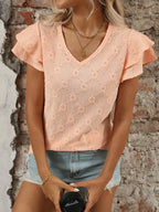 Eyelet V-Neck Ruffled Cap Sleeve Top