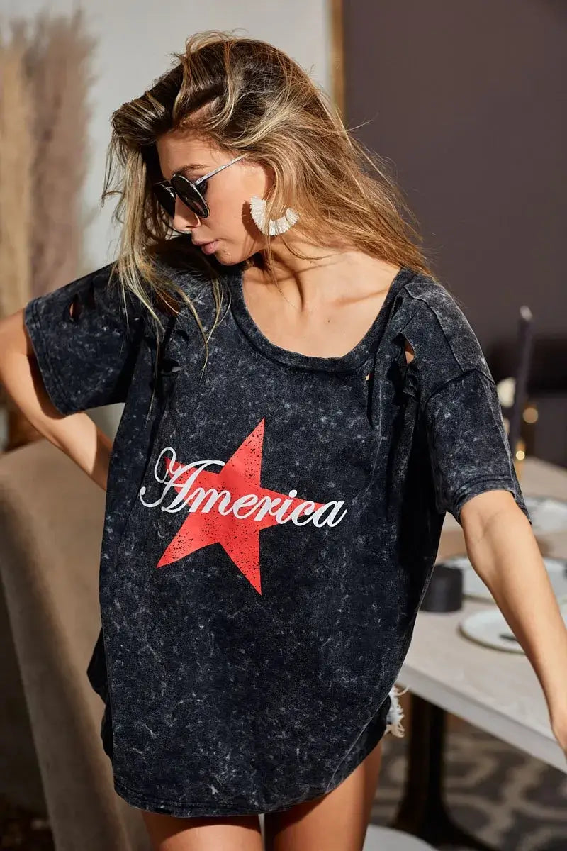 BiBi Laser Cut Mineral Washed Jersey Top with America