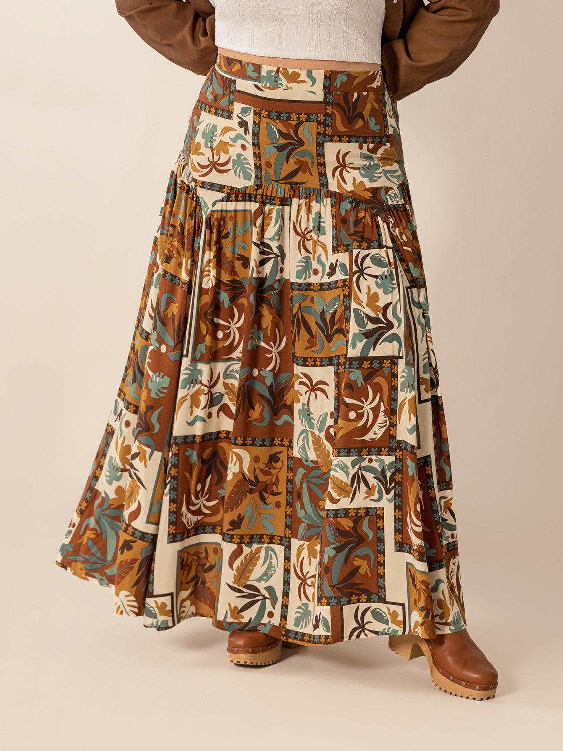 Plus Size Ruched Printed Maxi Skirt - felvior