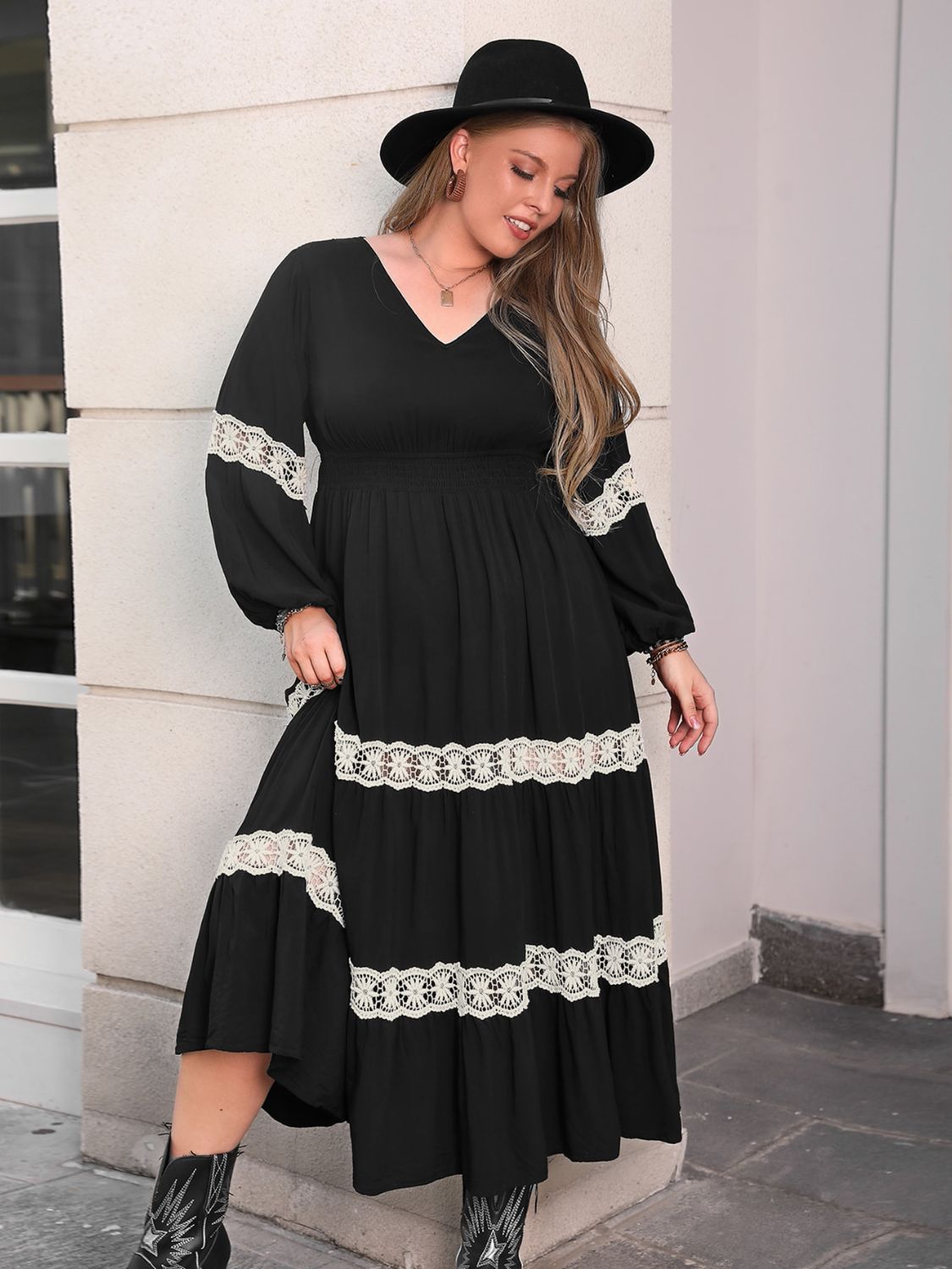 Plus Size Lace Detail V-Neck Long Sleeve Midi Dress Main image