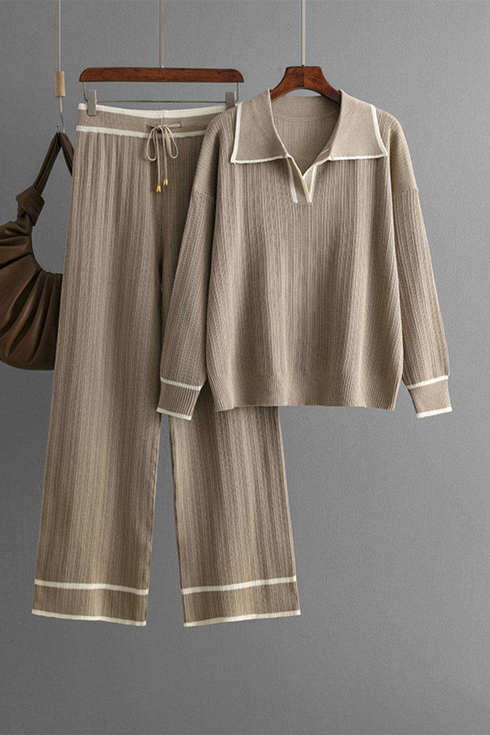 Contrast Trim Johnny Collar Top and Drawstring Pants Sweater Set - felvior