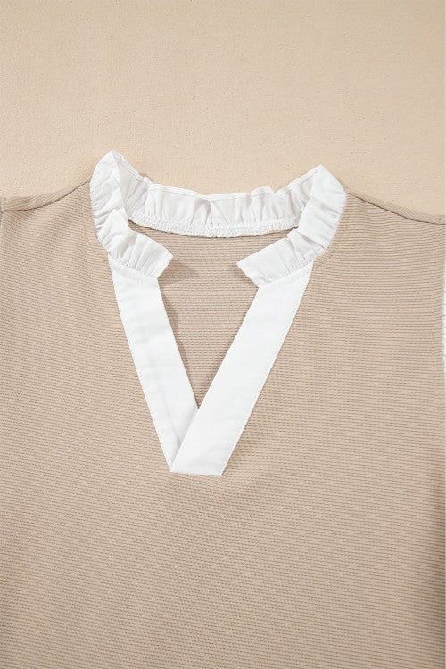 Ruffled Notched Cap Sleeve Top - felvior