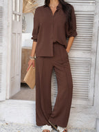 Devine Collared Neck Long Sleeve Top and Pants Set