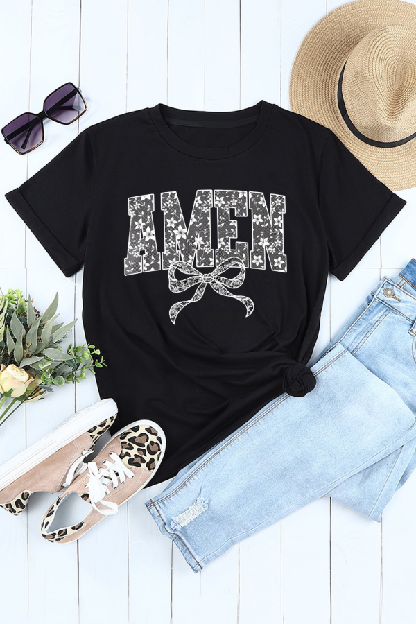 AMEN Bow Round Neck Short Sleeve T Shirt