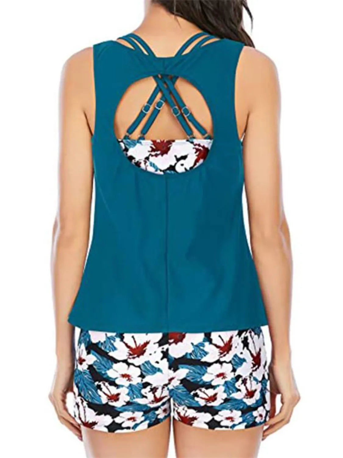 Cutout Printed Round Neck Three-Piece Swim Set - felvior