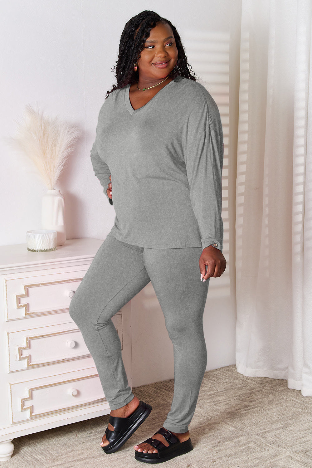 Basic Bae Bamboo Full Size V-Neck Long Sleeve Top and Pants Lounge Set - felvior
