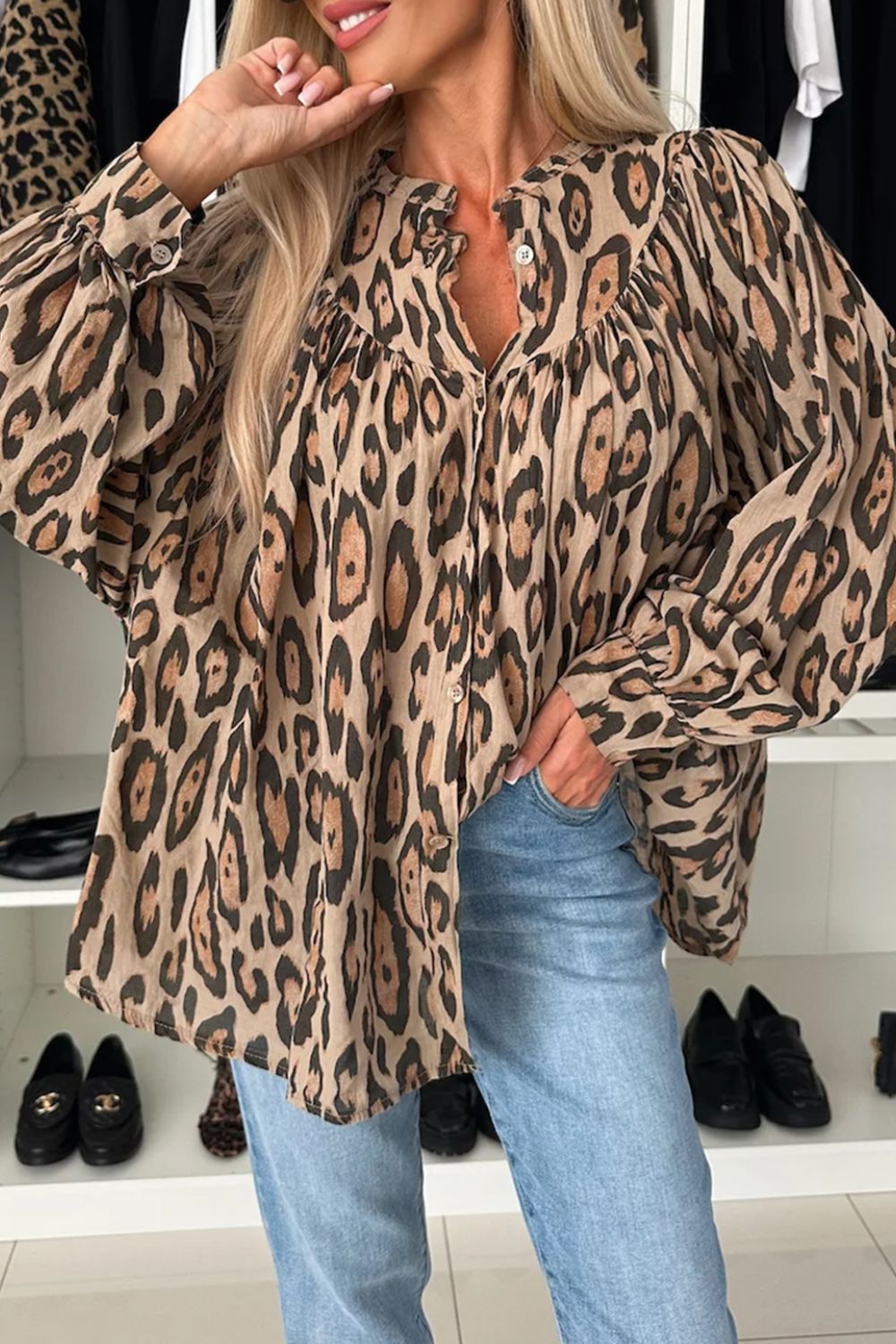 Leopard Print Button Down Long Sleeve Shirt - felvior