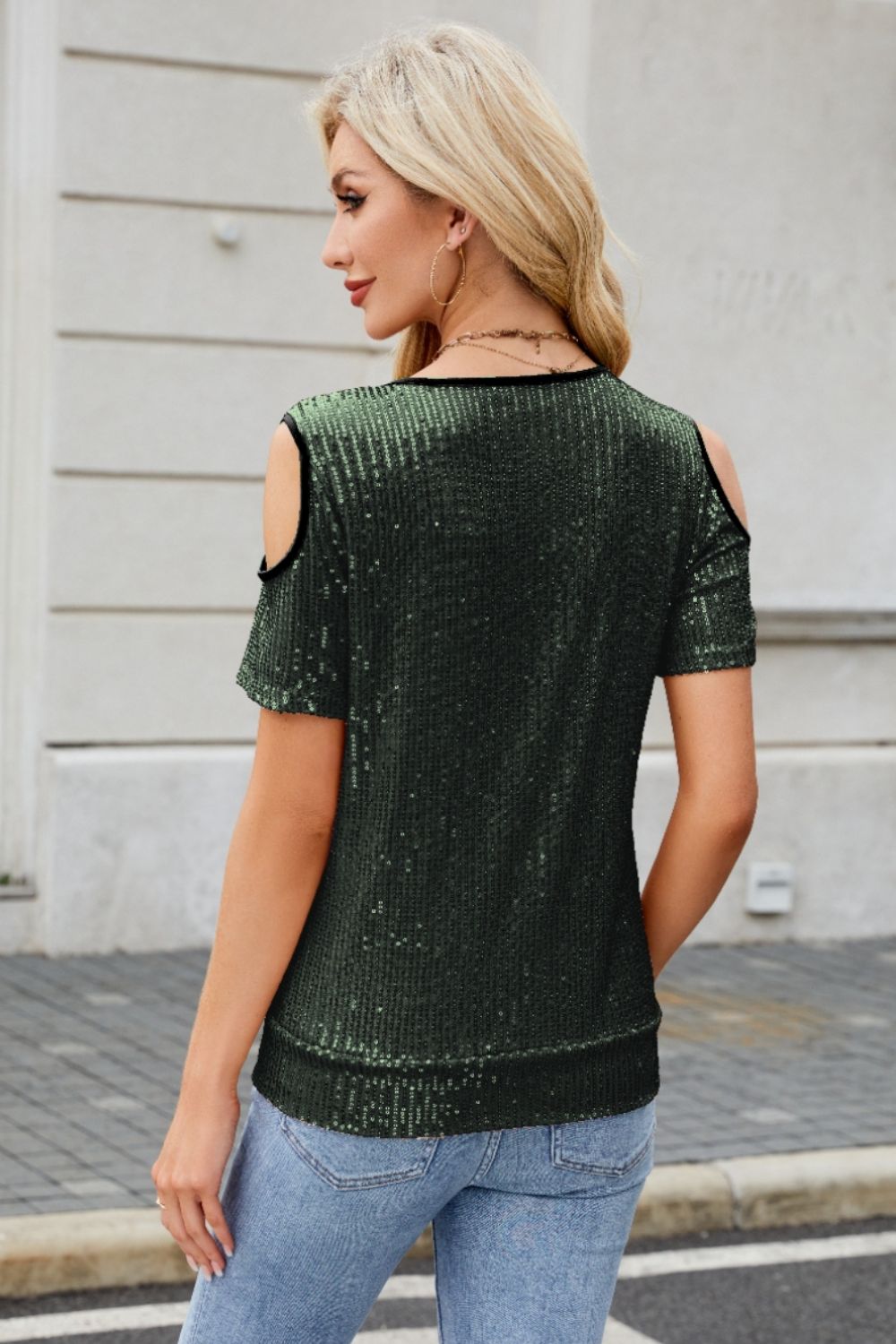 Sequin Cold Shoulder Short Sleeve Blouse - felvior