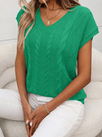 Cable-Knit V-Neck Short Sleeve Knit Top