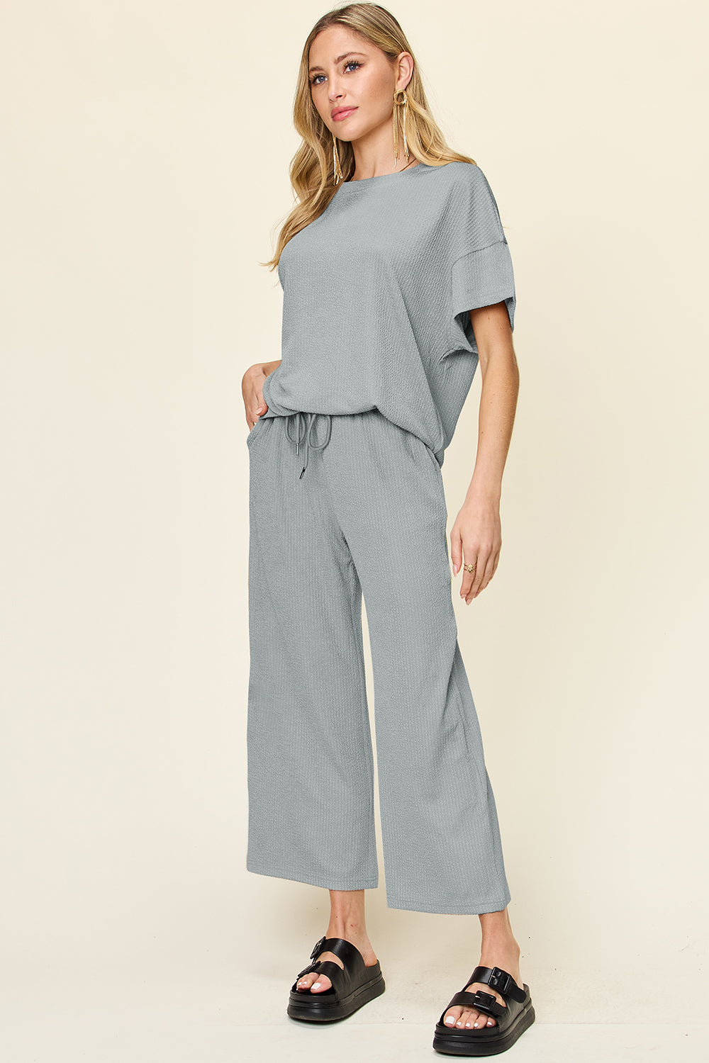 Double Take Full Size Texture Round Neck Short Sleeve T-Shirt and Wide Leg Pants - felvior