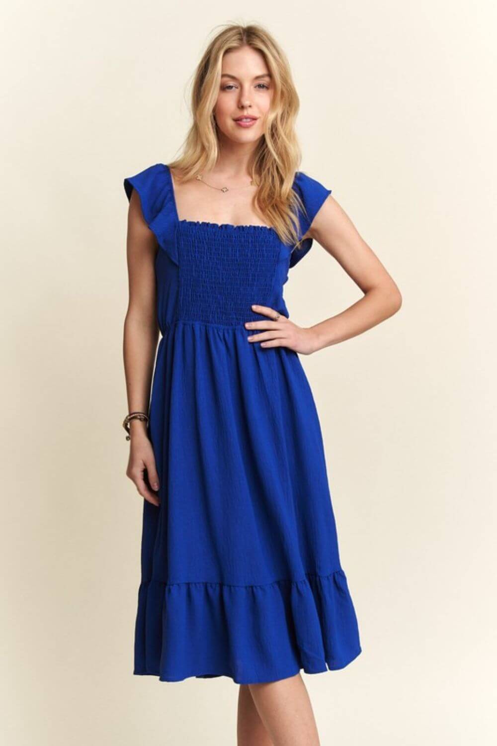 ADORA Smocked Square Neck Ruffled Cap Sleeve Dress