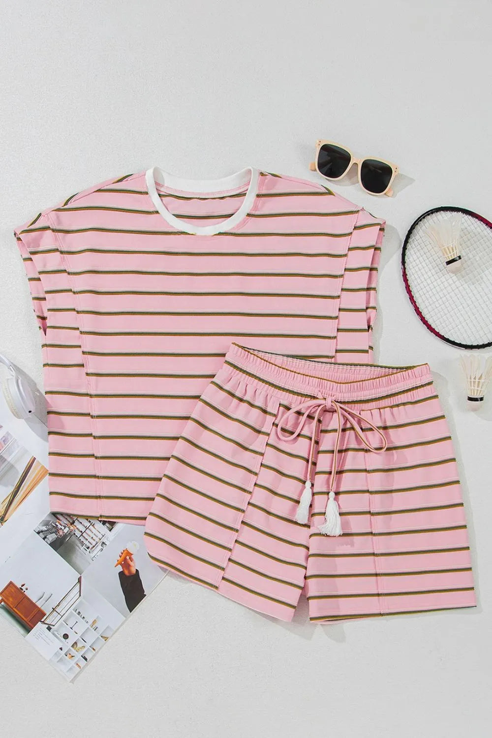 Stripe Wide Short Sleeve Tee and Short Set - felvior