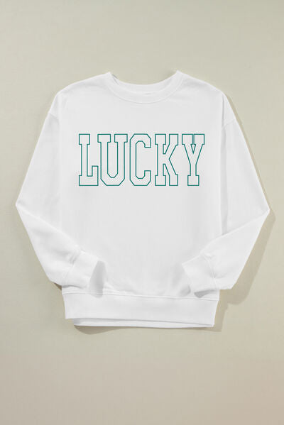 LUCKY Graphic Round Neck Long Sleeve Sweatshirt