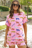 Animal Round Neck Top and Shorts Lounge Set - felvior