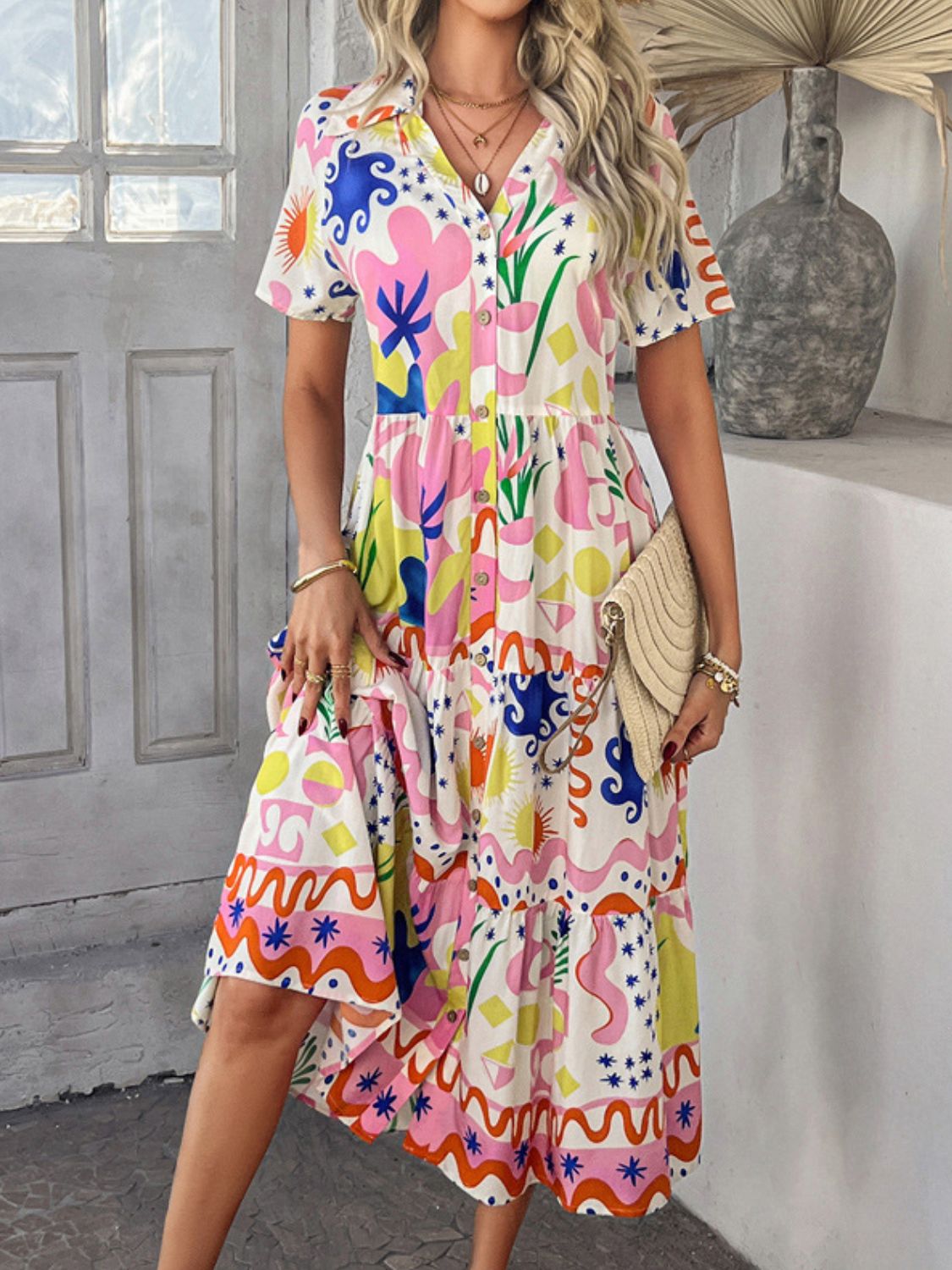 Devine Printed Johnny Collar Button Down Short Sleeve Midi Shirt Dress - felvior