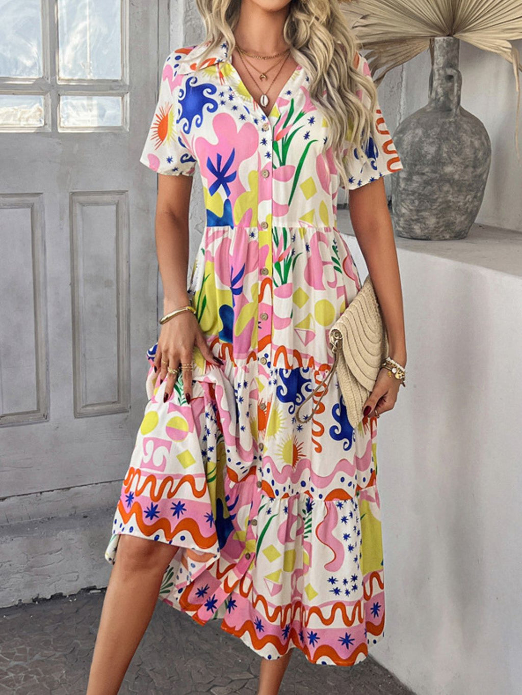 Devine Printed Johnny Collar Button Down Short Sleeve Midi Shirt Dress