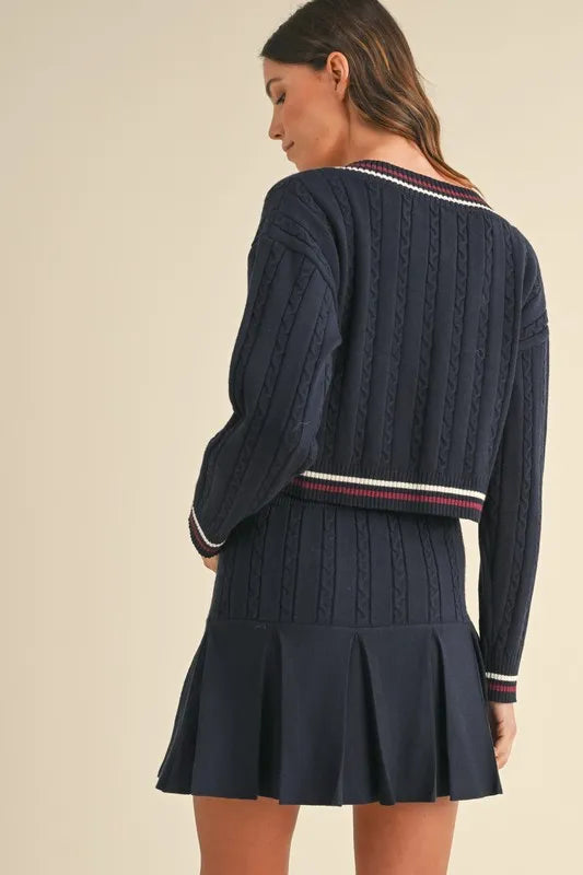 MABLE Cable-Knit Top and Pleated Skirt Sweater Set