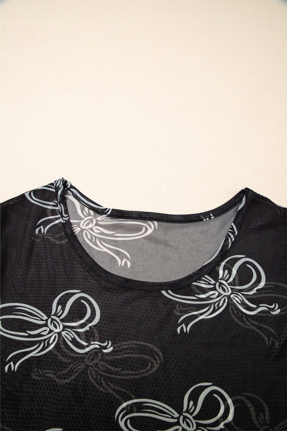 Bow Mesh Round Neck Short Sleeve T-Shirt