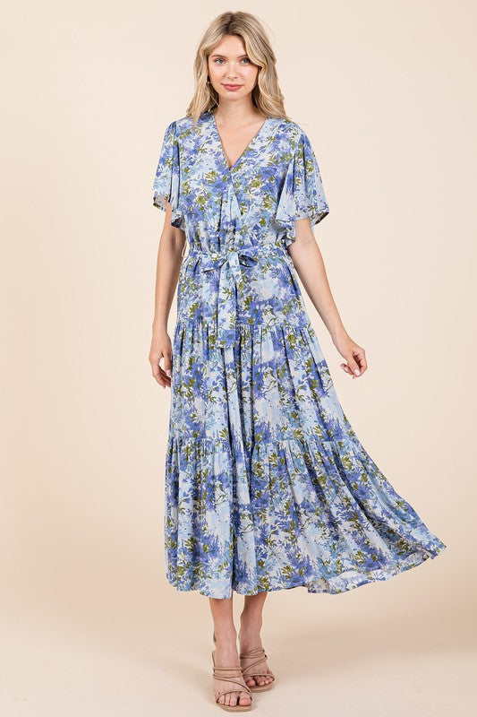 Mittoshop Floral Tie Waist Flutter Sleeve Tiered Dress - felvior