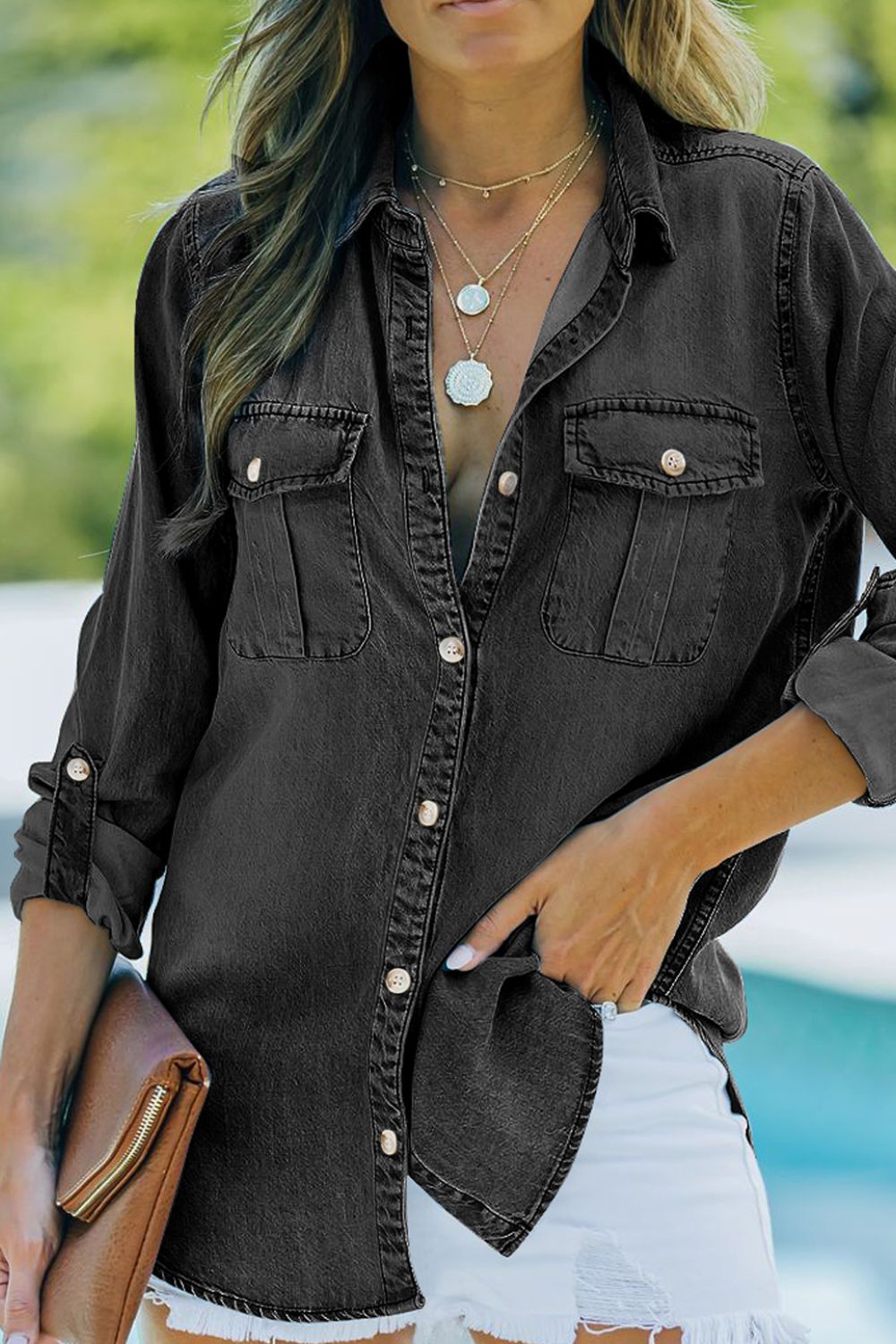 Pocketed Collared Neck Long Sleeve Denim Top - felvior