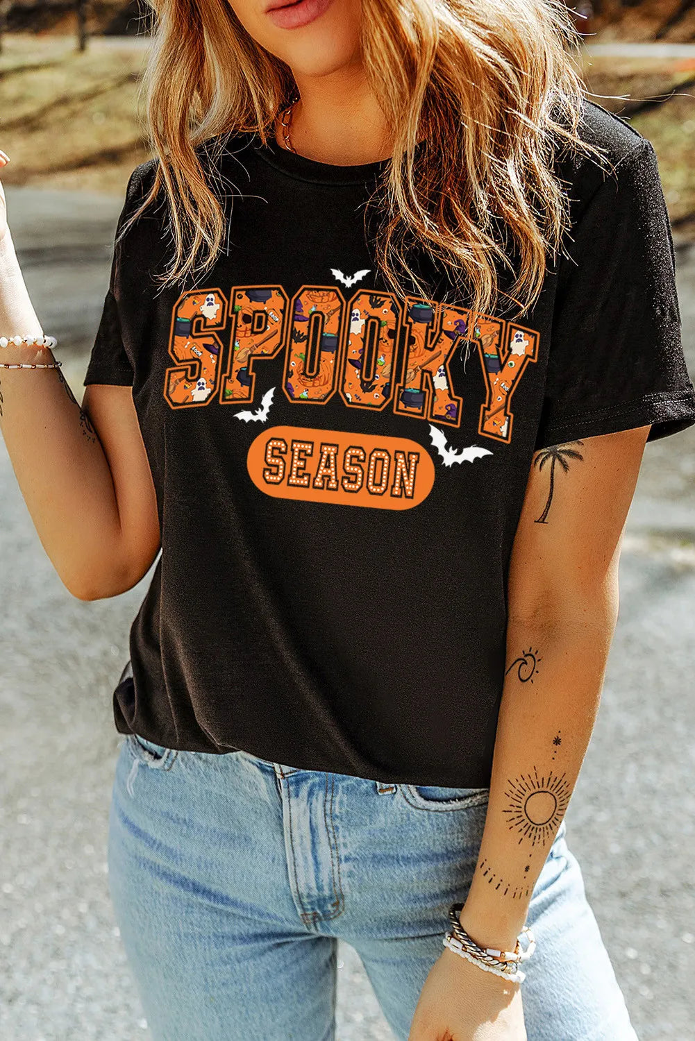 SPOOKY SEASON Round Neck Short Sleeve T-Shirt - felvior