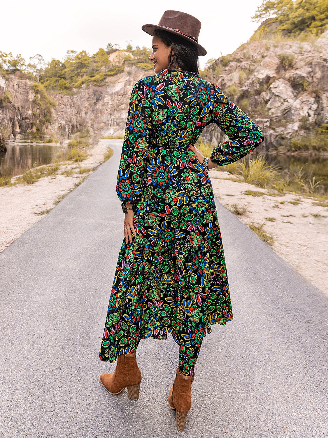 Printed Notched Neck Maxi Dress - felvior