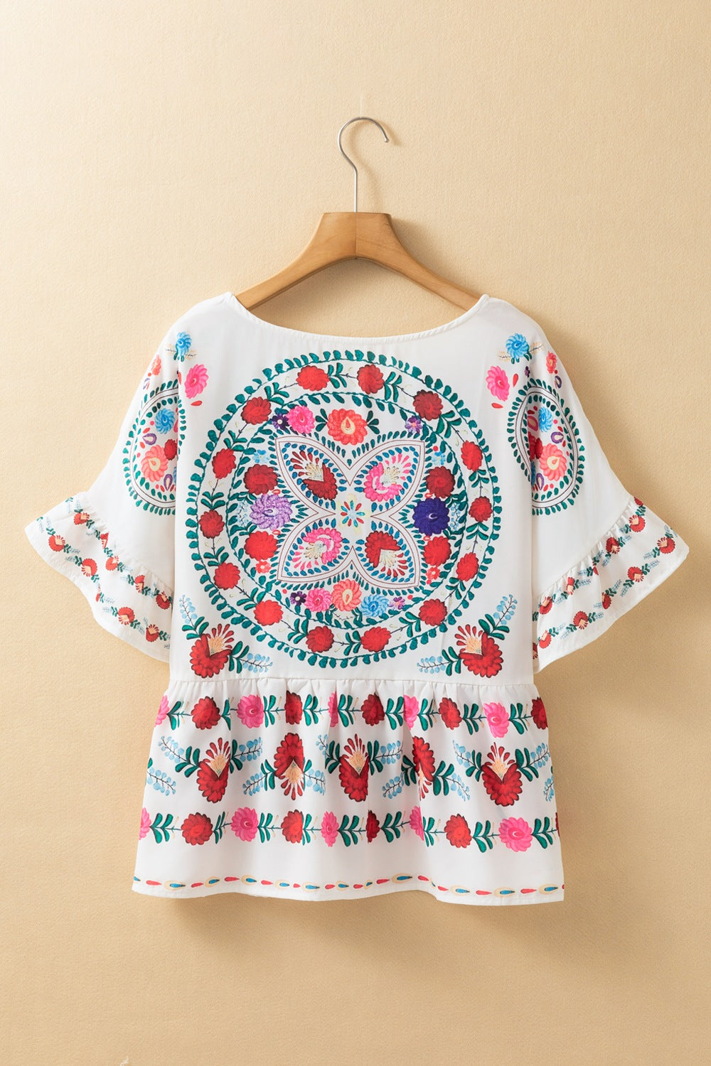Floral Print Round Neck Ruffle Trim Blouse - felvior