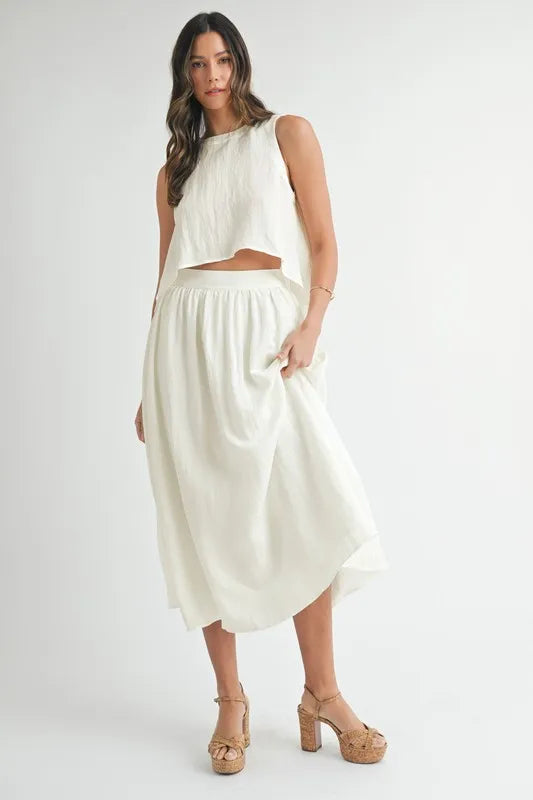 MABLE Wrinkled Round Neck Swing Top and Skirt Set - felvior