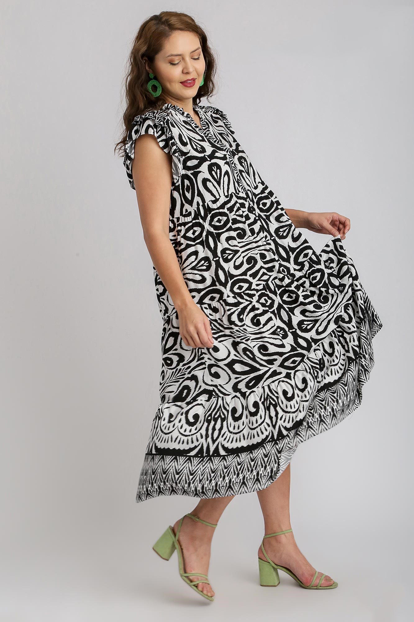 Umgee Full Size Two Tone Border Print Ruffle Cap Sleeve Midi Dress Plus Size