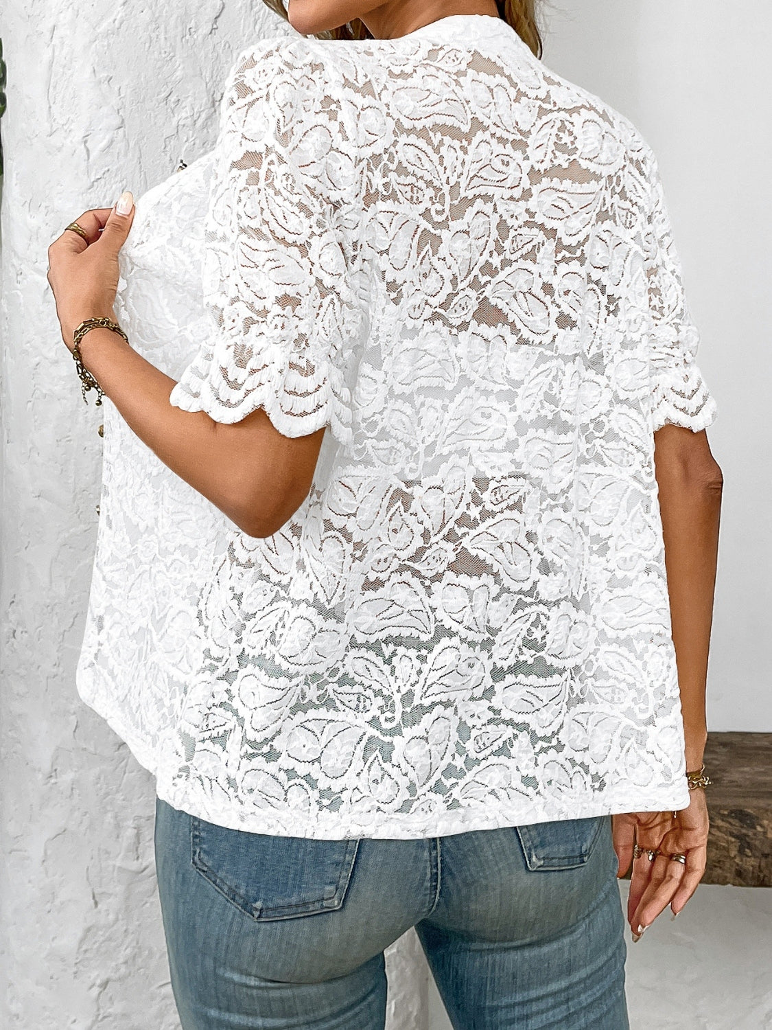 Button Down Half Sleeve Lace Shirt - felvior