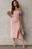 Off-Shoulder Short Sleeve Split Dress - felvior