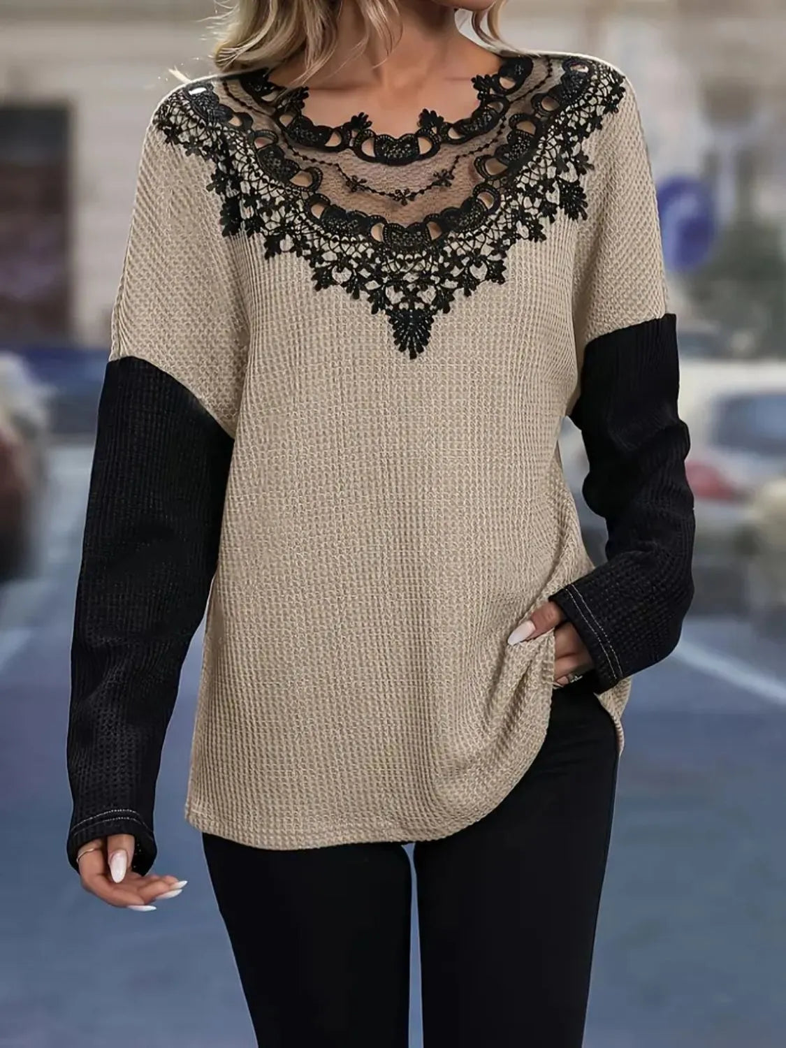 Contrast Lace Round Neck Long Sleeve T-Shirt