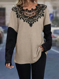 Contrast Lace Round Neck Long Sleeve T-Shirt