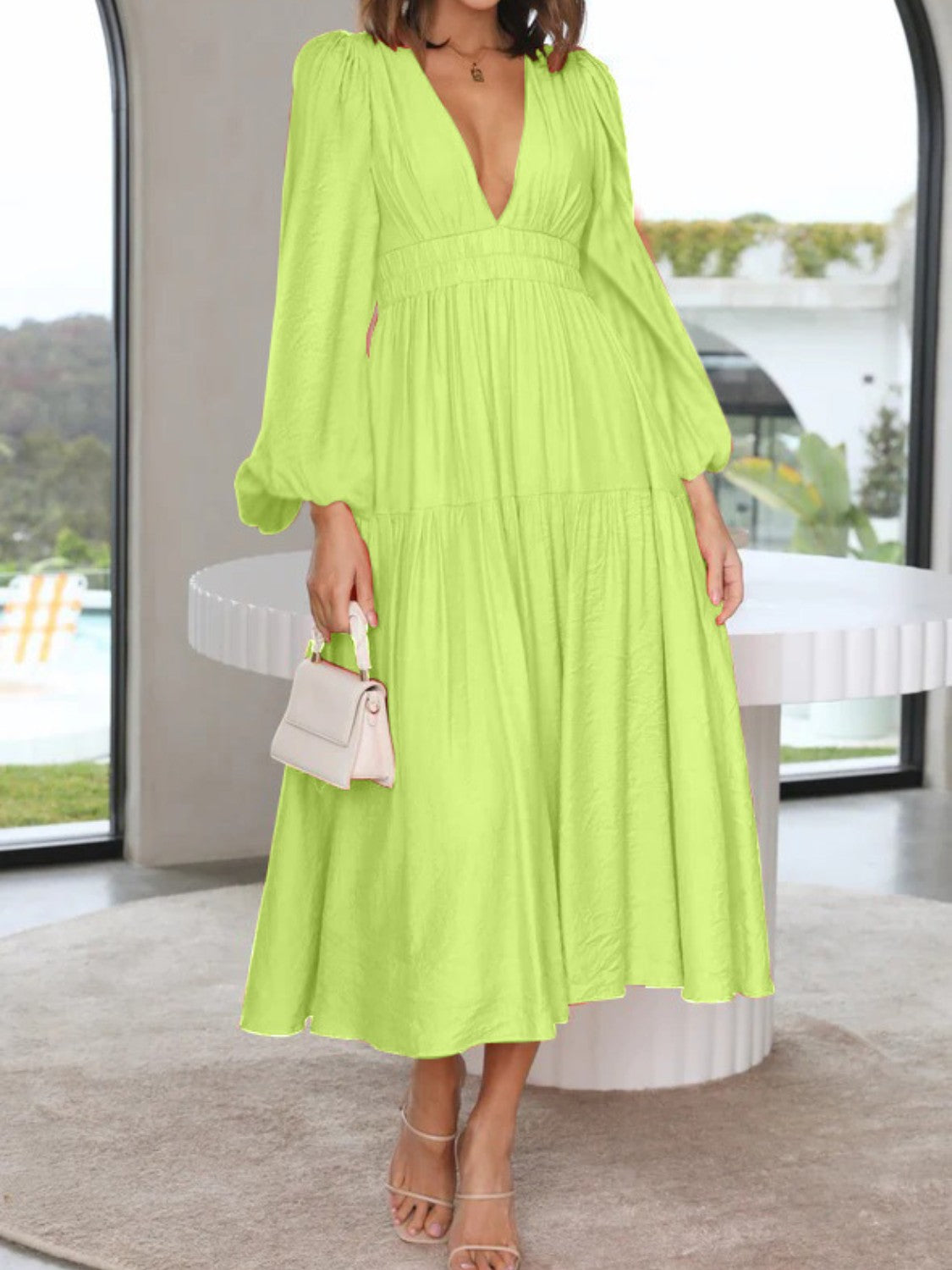 Deep V-Neck Balloon Sleeve Plain Maxi Dress - felvior