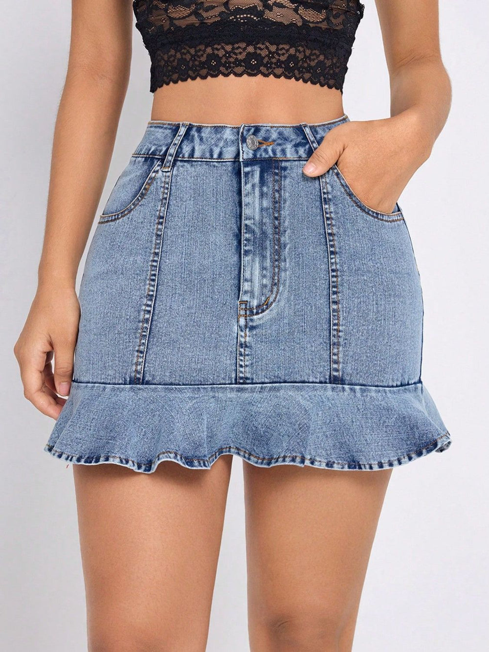 Ruffled Hem Denim Mini Skirt - felvior