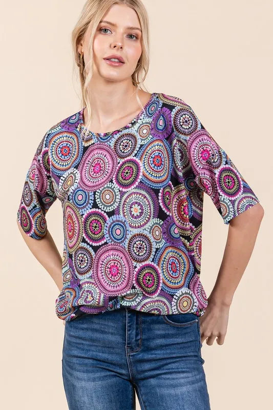 BOMBOM Printed Round Neck Half Sleeve Top