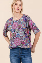 BOMBOM Printed Round Neck Half Sleeve Top