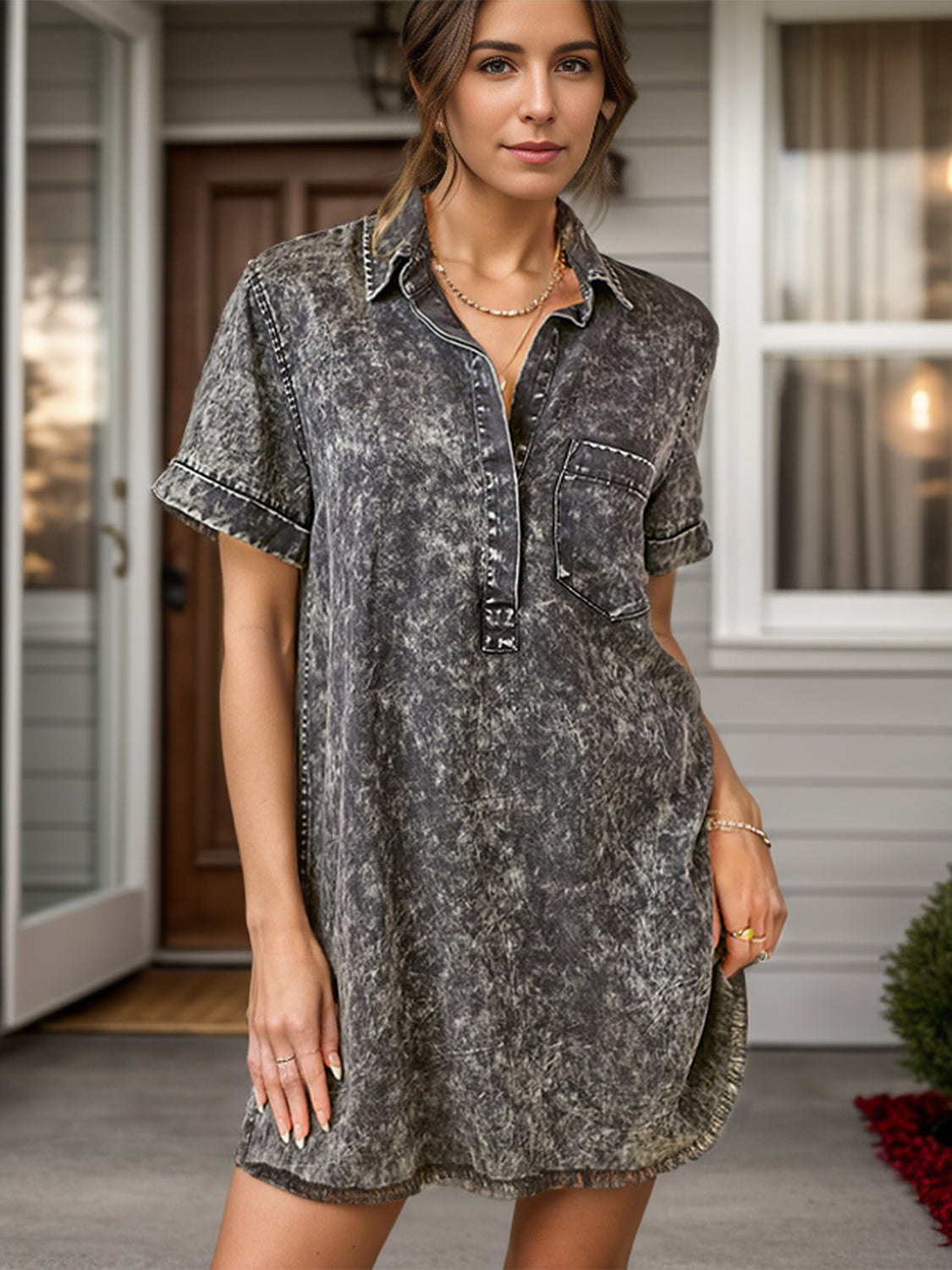 Pocketed Collared Neck Short Sleeve Denim Dress - felvior