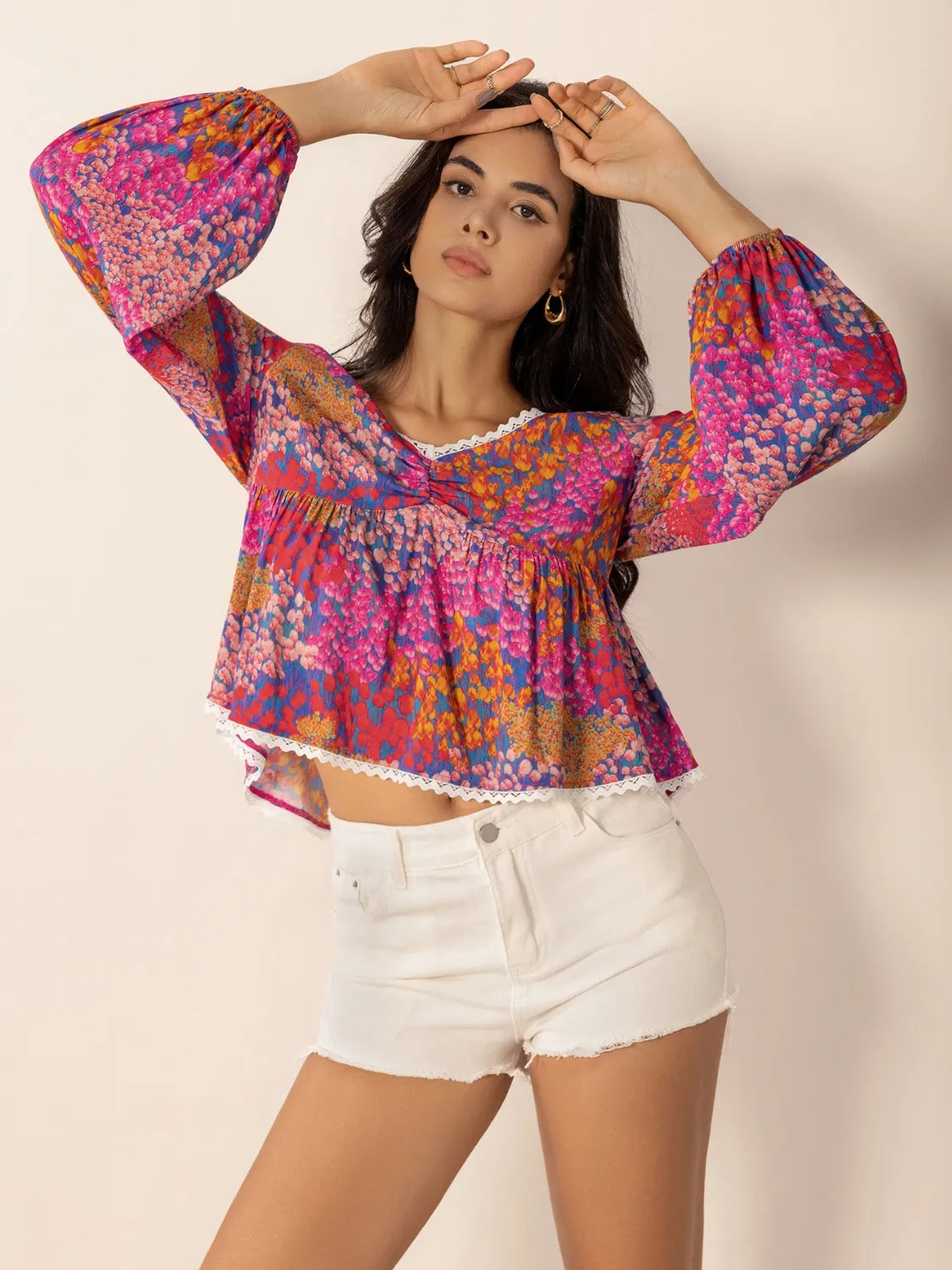 Lace Detail Printed Balloon Sleeve Top