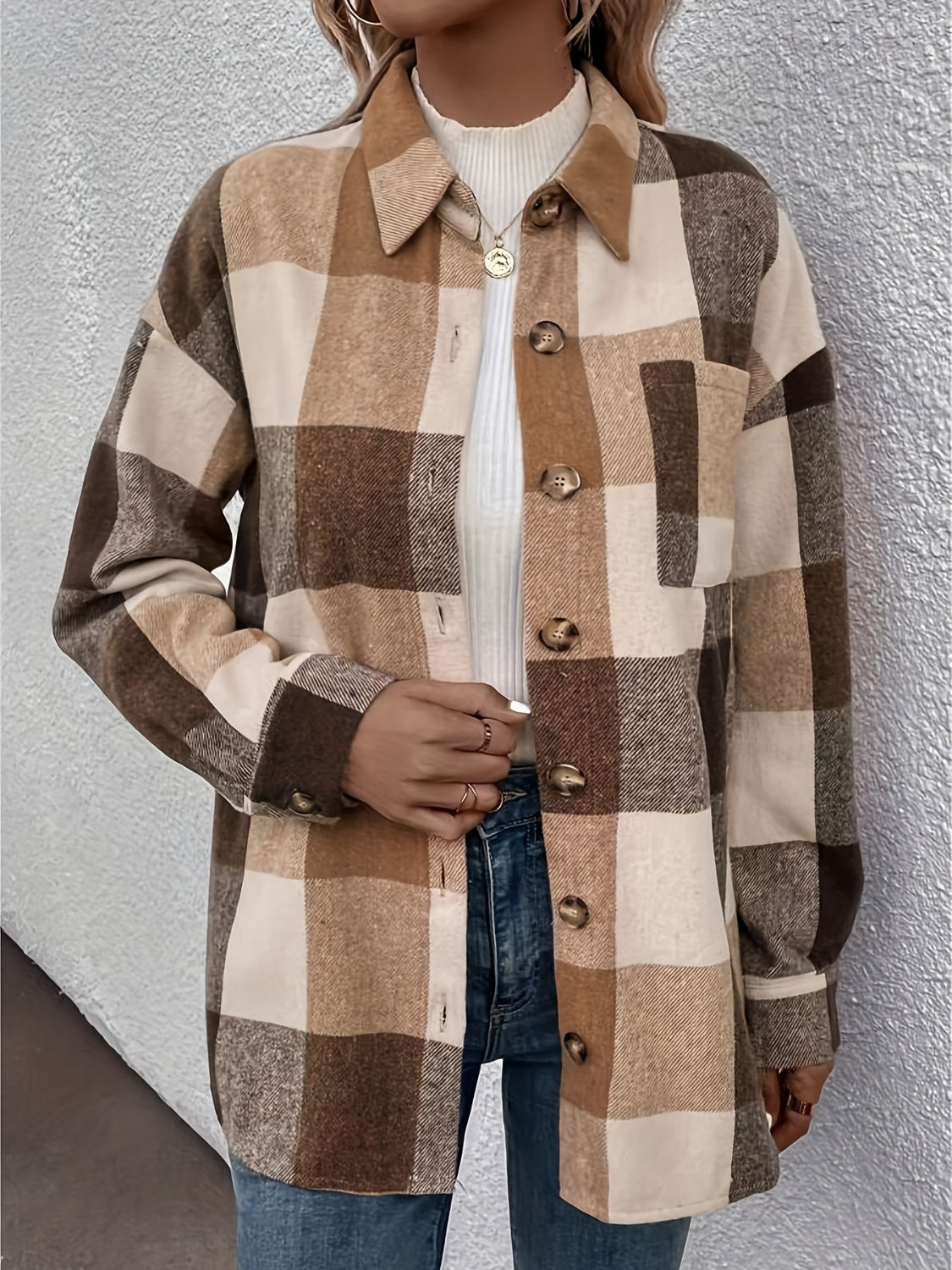 Curved Hem Plaid Collared Neck Shacket - felvior
