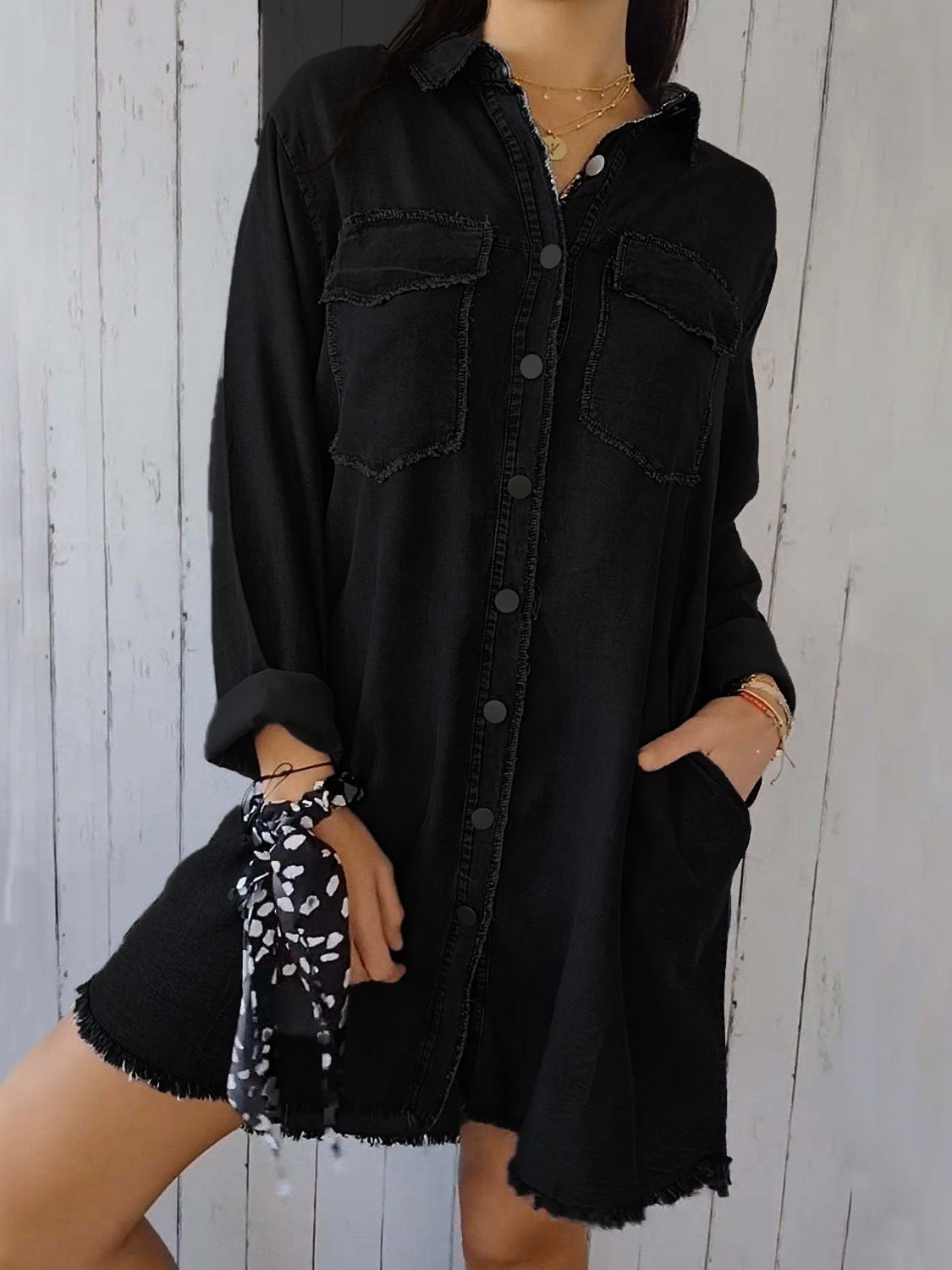 Full Size Raw Hem Button Up Long Sleeve Denim Top Plus Size - felvior
