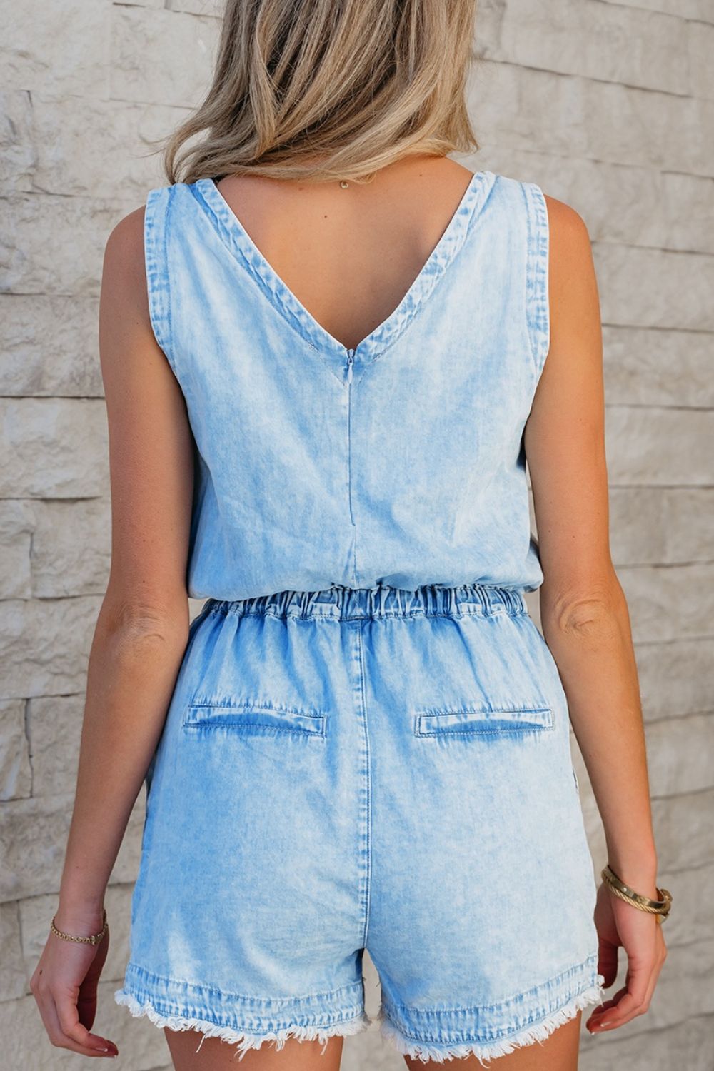 Raw Hem Studded V-Neck Drawstring Sleeveless Denim Romper