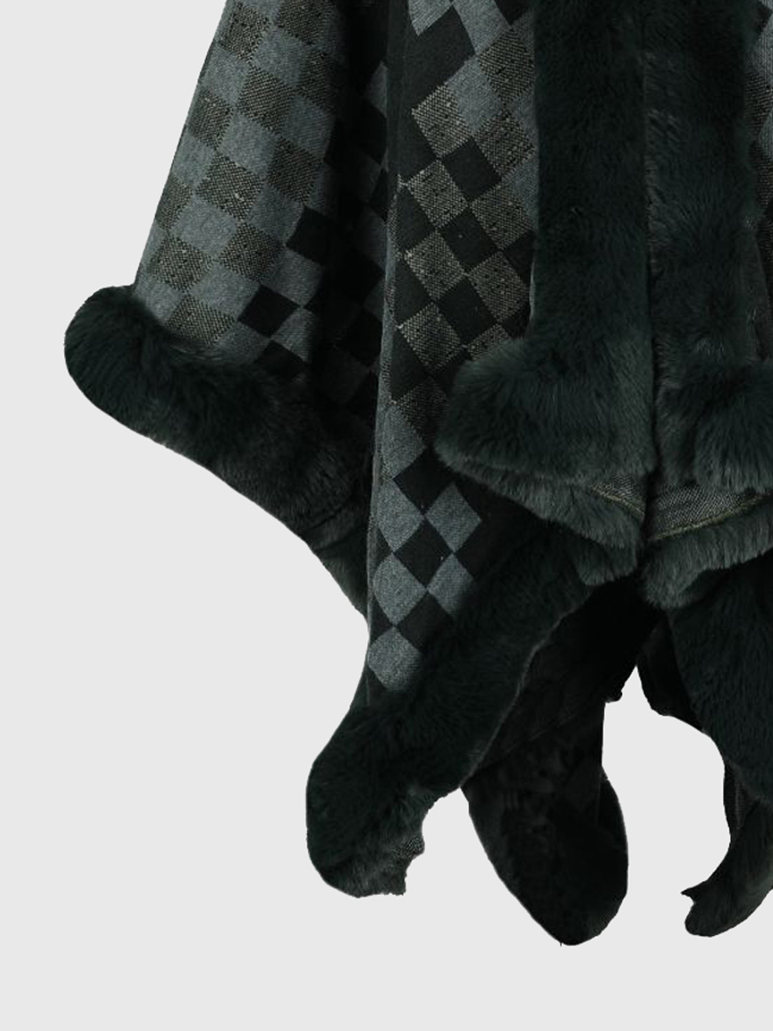 Checkered Faux Fur Trim Poncho - felvior